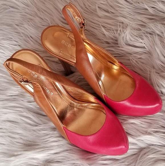 BCBG Pimone Pink/Brown Sling Back Leather Heels 6 - Picture 2 of 8